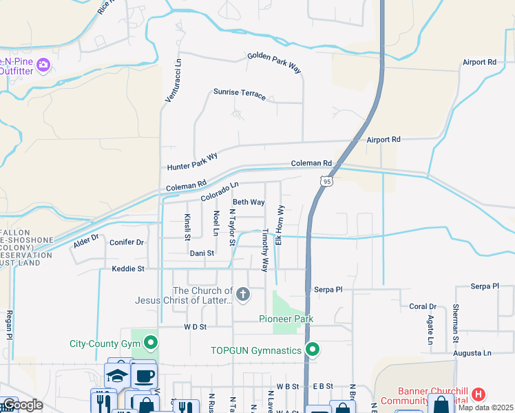 map of restaurants, bars, coffee shops, grocery stores, and more near 299 Beth Way in Fallon