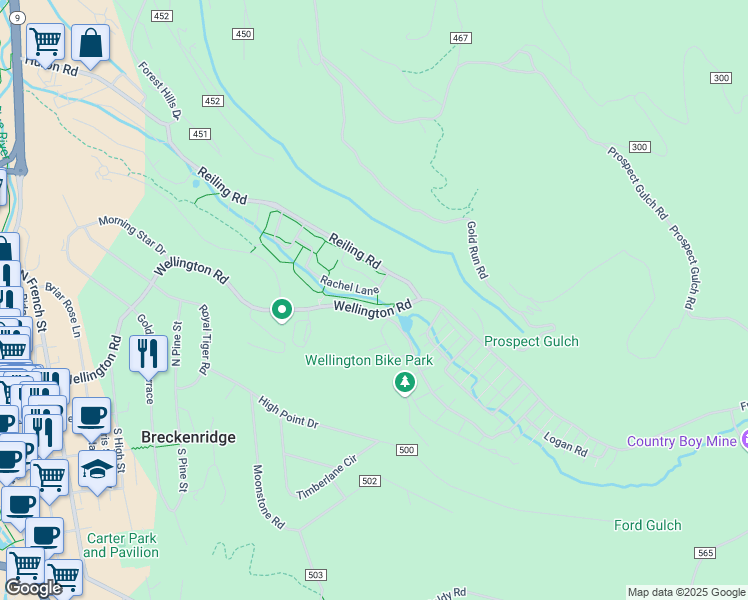 map of restaurants, bars, coffee shops, grocery stores, and more near 224 Rachel Lane in Breckenridge