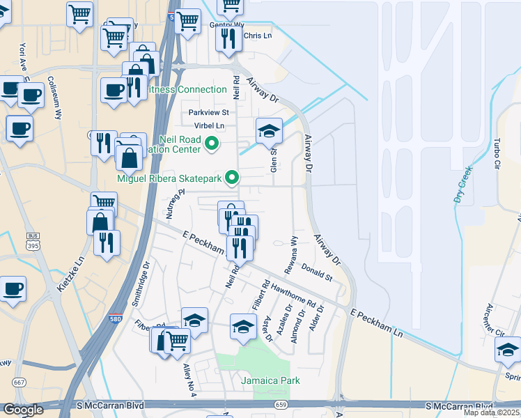 map of restaurants, bars, coffee shops, grocery stores, and more near 4102 Neil Road in Reno