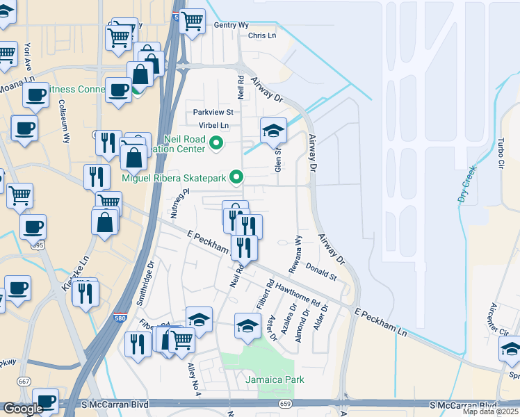 map of restaurants, bars, coffee shops, grocery stores, and more near 4102 Neil Road in Reno