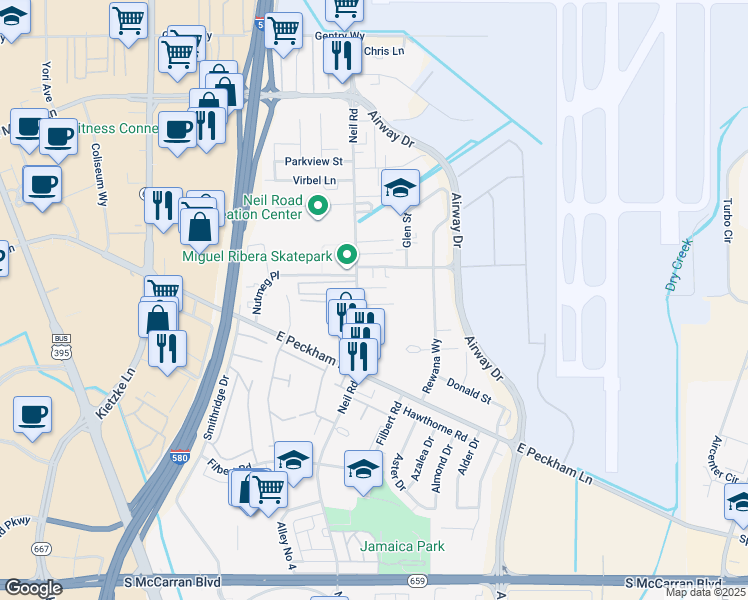 map of restaurants, bars, coffee shops, grocery stores, and more near 4102 Neil Road in Reno