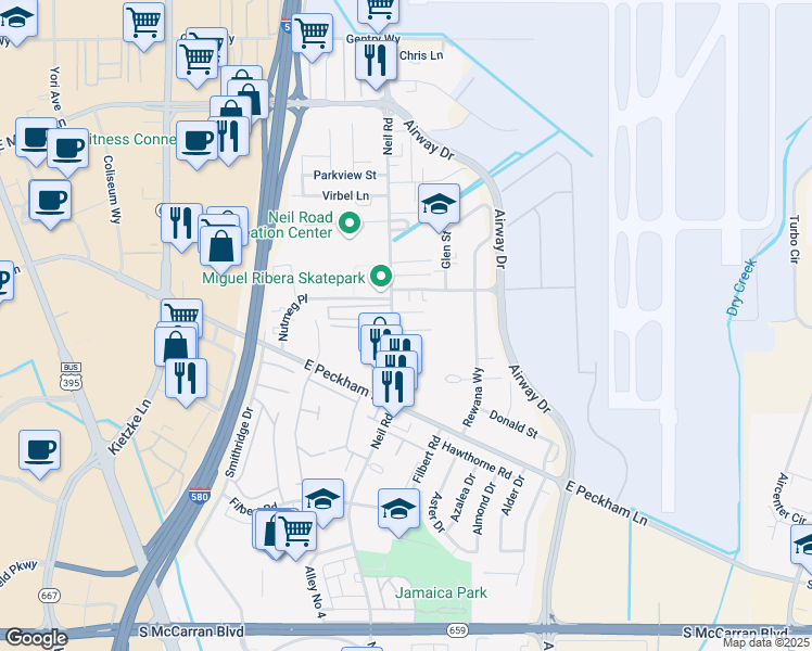 map of restaurants, bars, coffee shops, grocery stores, and more near 4102 Neil Road in Reno