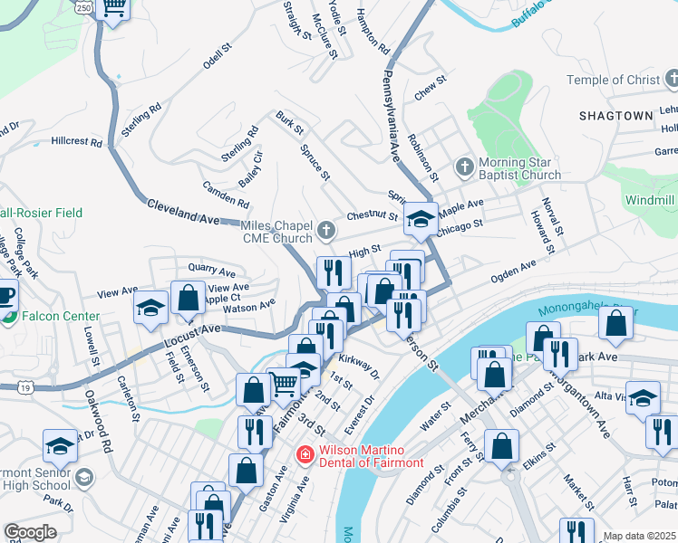 map of restaurants, bars, coffee shops, grocery stores, and more near 447 Monroe Street in Fairmont
