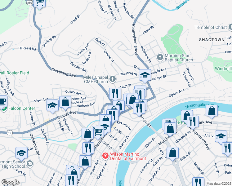 map of restaurants, bars, coffee shops, grocery stores, and more near 447 Monroe Street in Fairmont