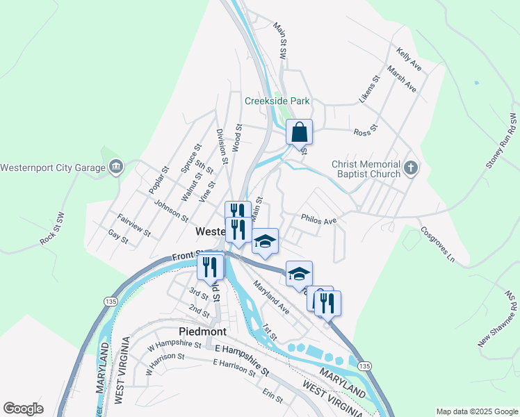 map of restaurants, bars, coffee shops, grocery stores, and more near 90 Main Street in Westernport