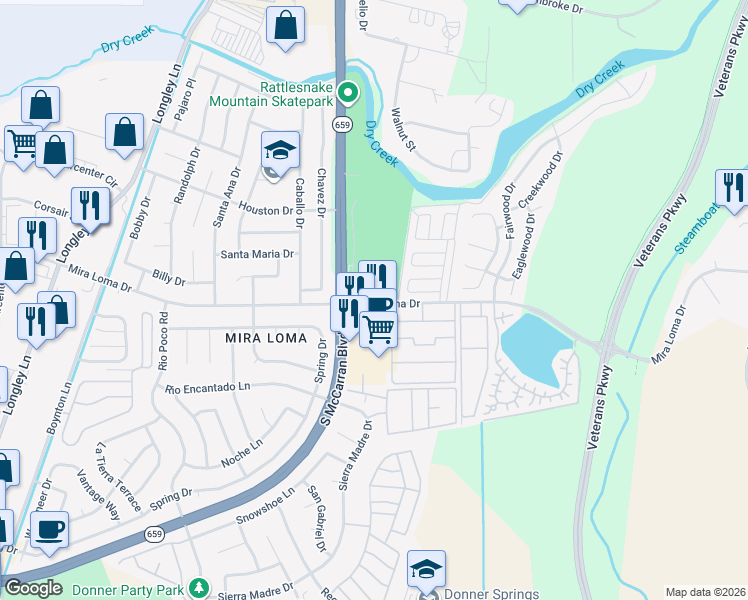 map of restaurants, bars, coffee shops, grocery stores, and more near 3000 South McCarran Boulevard in Reno