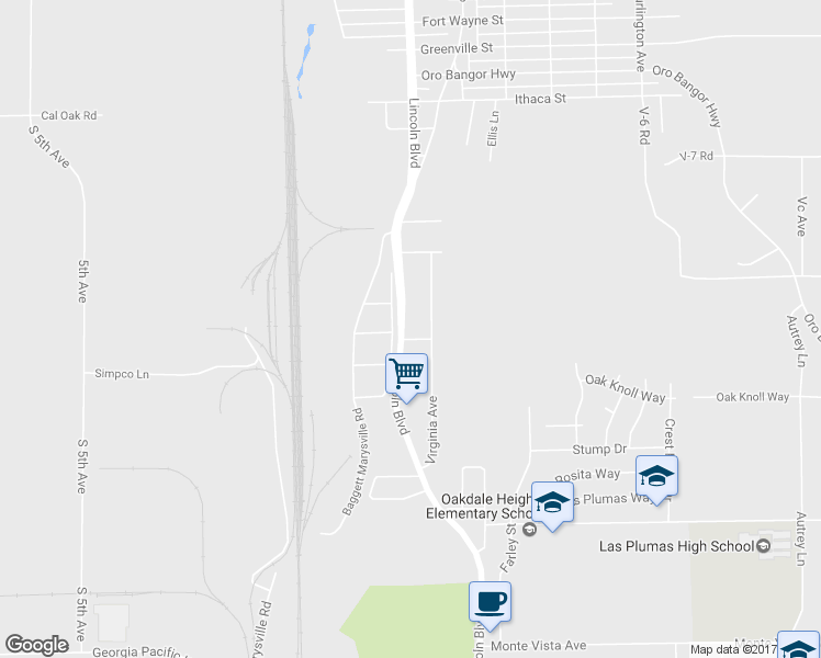 map of restaurants, bars, coffee shops, grocery stores, and more near 4675 Lincoln Boulevard in Oroville