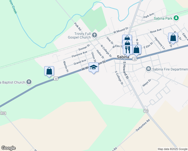 map of restaurants, bars, coffee shops, grocery stores, and more near 246 West Washington Street in Sabina