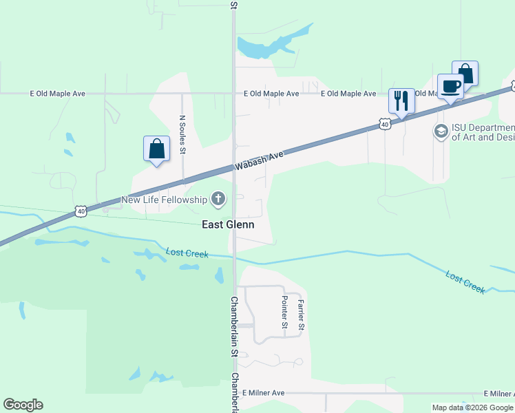 map of restaurants, bars, coffee shops, grocery stores, and more near 1640 Country Walk Court in Terre Haute