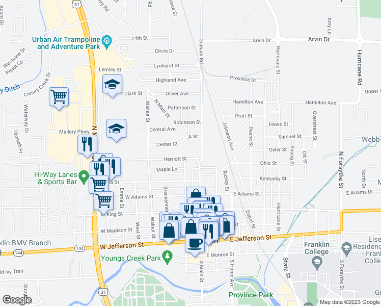 map of restaurants, bars, coffee shops, grocery stores, and more near 648 North Main Street in Franklin