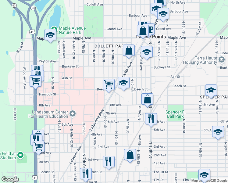 map of restaurants, bars, coffee shops, grocery stores, and more near 961 Lafayette Avenue in Terre Haute