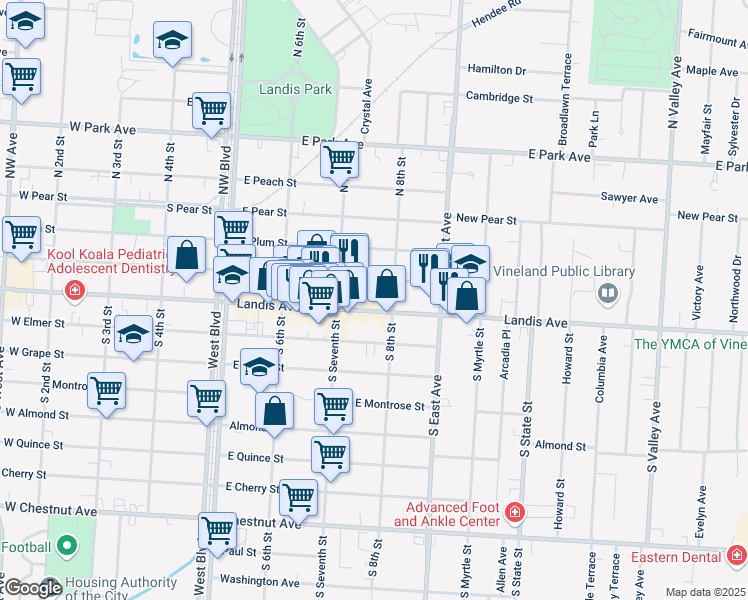 map of restaurants, bars, coffee shops, grocery stores, and more near 736 East Landis Avenue in Vineland