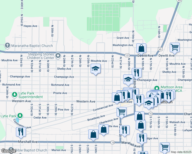 map of restaurants, bars, coffee shops, grocery stores, and more near 2405 Champaign Avenue in Mattoon