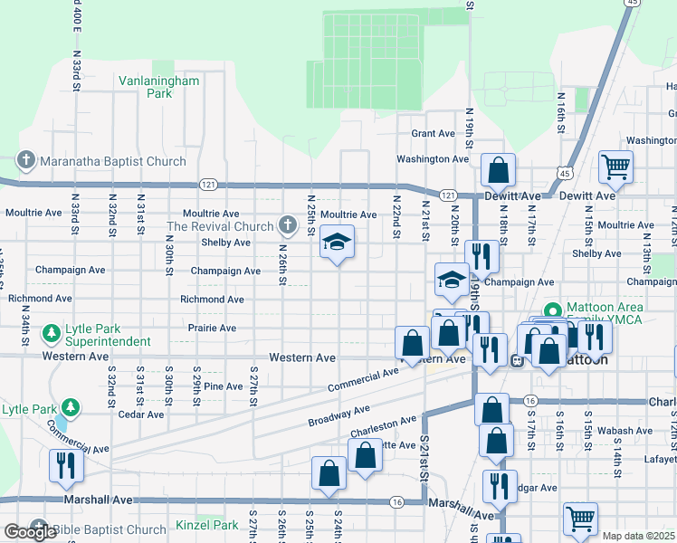 map of restaurants, bars, coffee shops, grocery stores, and more near 2405 Champaign Avenue in Mattoon