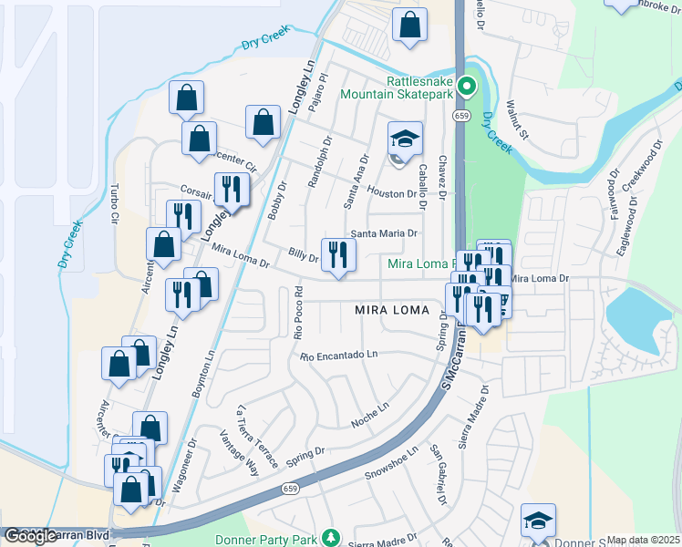 map of restaurants, bars, coffee shops, grocery stores, and more near 4200 Mira Loma Drive in Reno