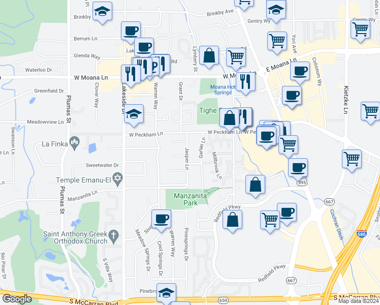 map of restaurants, bars, coffee shops, grocery stores, and more near 4030 Jasper Lane in Reno