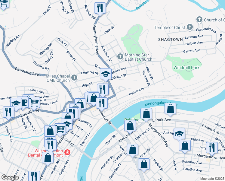 map of restaurants, bars, coffee shops, grocery stores, and more near 423 Quincy Street in Fairmont