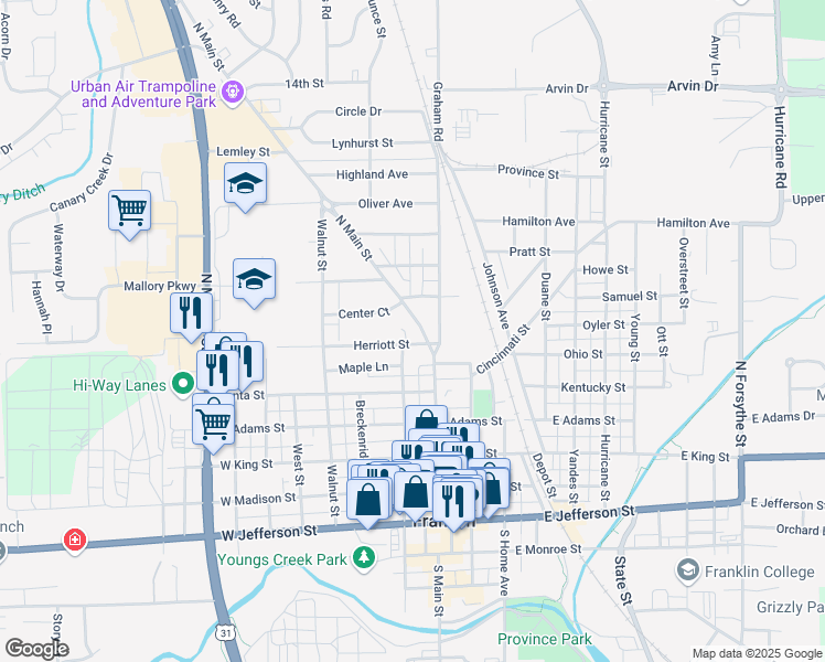 map of restaurants, bars, coffee shops, grocery stores, and more near 90 Herriott Street in Franklin