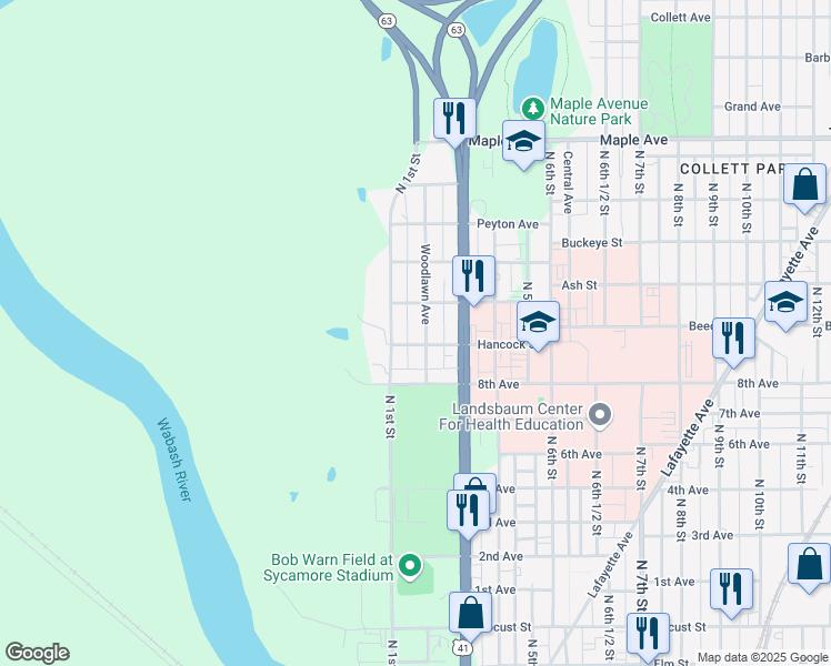 map of restaurants, bars, coffee shops, grocery stores, and more near 1700-1734 Woodlawn Avenue in Terre Haute