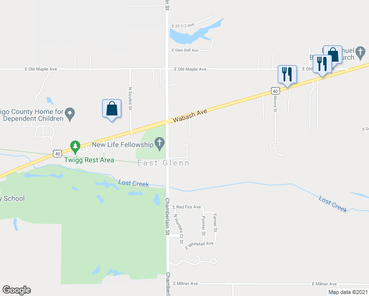 map of restaurants, bars, coffee shops, grocery stores, and more near 1656 Country Walk Court in Terre Haute