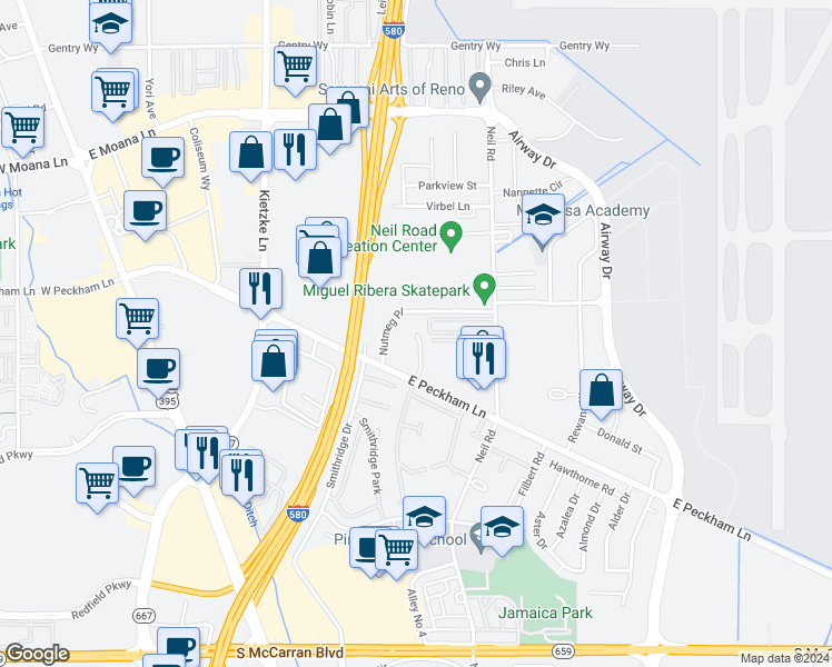 map of restaurants, bars, coffee shops, grocery stores, and more near 4035 Shinners Place in Reno