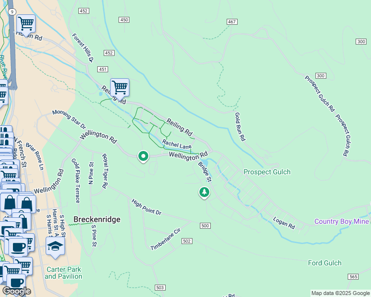 map of restaurants, bars, coffee shops, grocery stores, and more near 224 Rachel Lane in Breckenridge