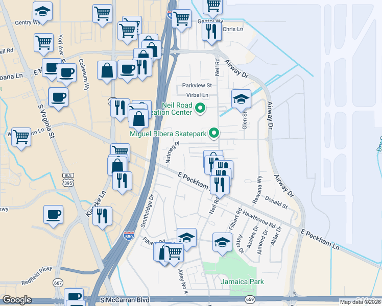 map of restaurants, bars, coffee shops, grocery stores, and more near 4080 Shinners Place in Reno