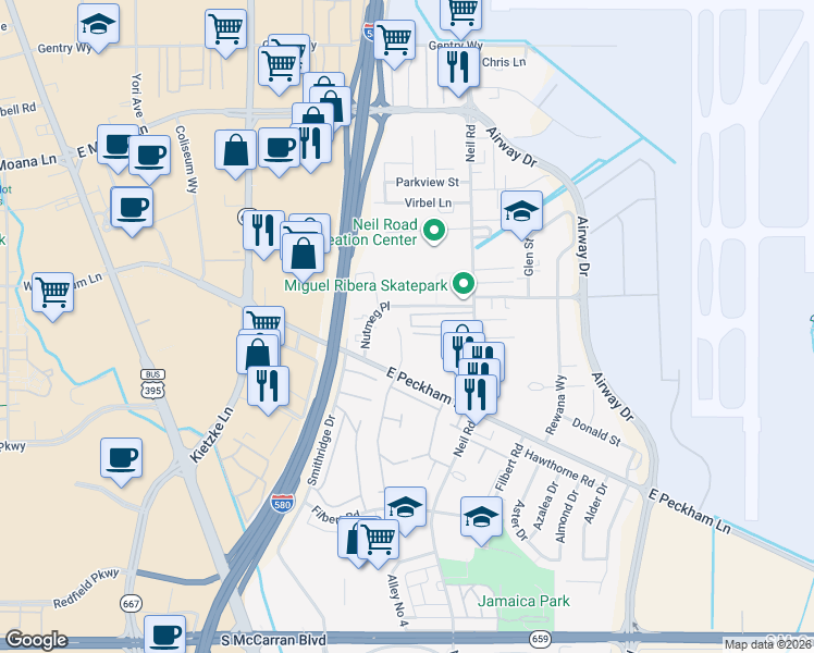 map of restaurants, bars, coffee shops, grocery stores, and more near 4080 Shinners Place in Reno
