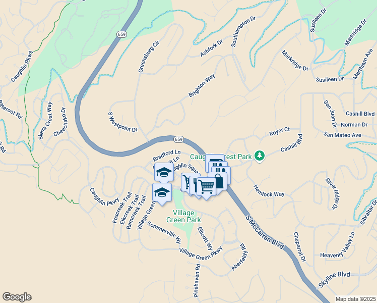 map of restaurants, bars, coffee shops, grocery stores, and more near 4663 Bradford Court in Reno