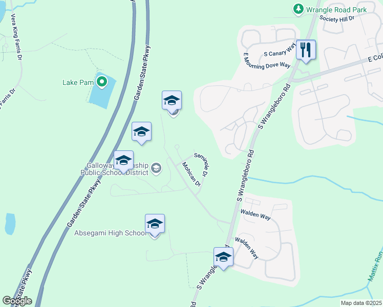 map of restaurants, bars, coffee shops, grocery stores, and more near 142 Seminole Court in Galloway