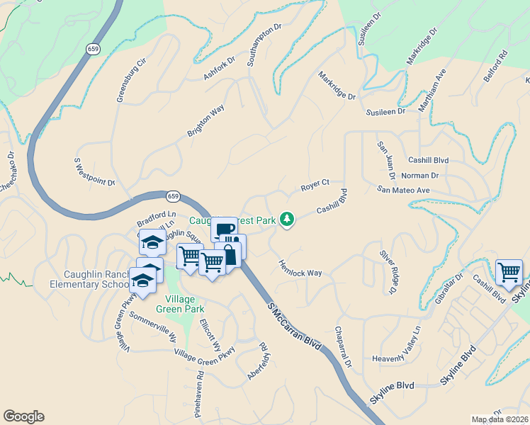 map of restaurants, bars, coffee shops, grocery stores, and more near 3640 Hemlock Way in Reno