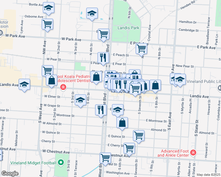 map of restaurants, bars, coffee shops, grocery stores, and more near in Vineland