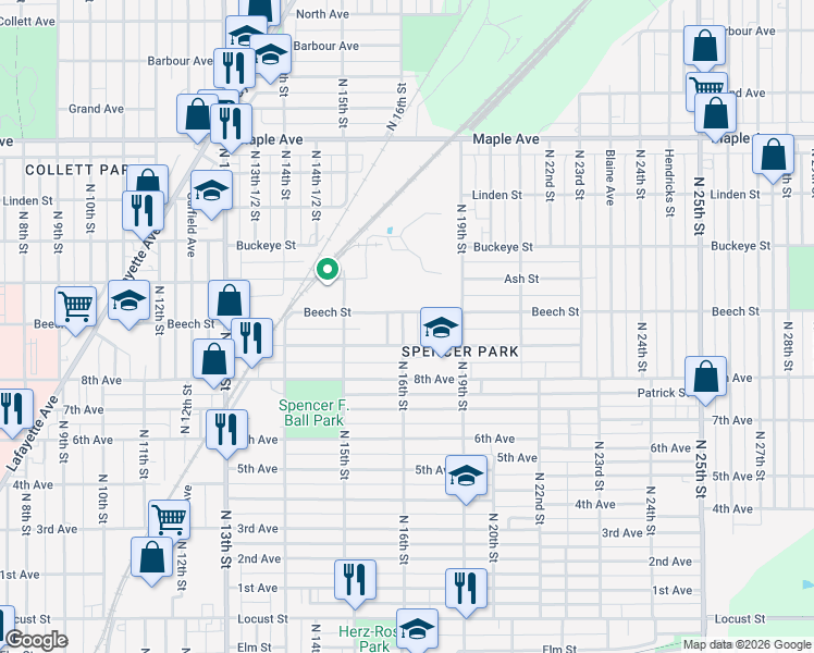 map of restaurants, bars, coffee shops, grocery stores, and more near 1719 North 16th Street in Terre Haute