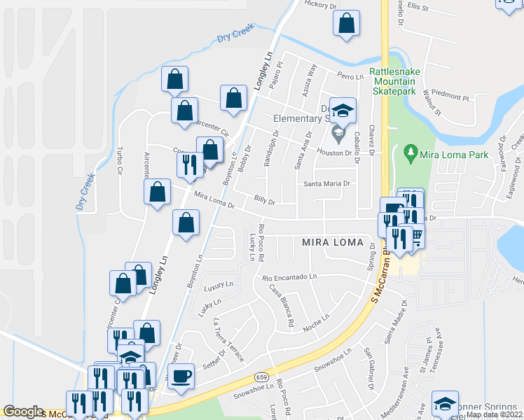 map of restaurants, bars, coffee shops, grocery stores, and more near 4145 Mira Loma Drive in Reno