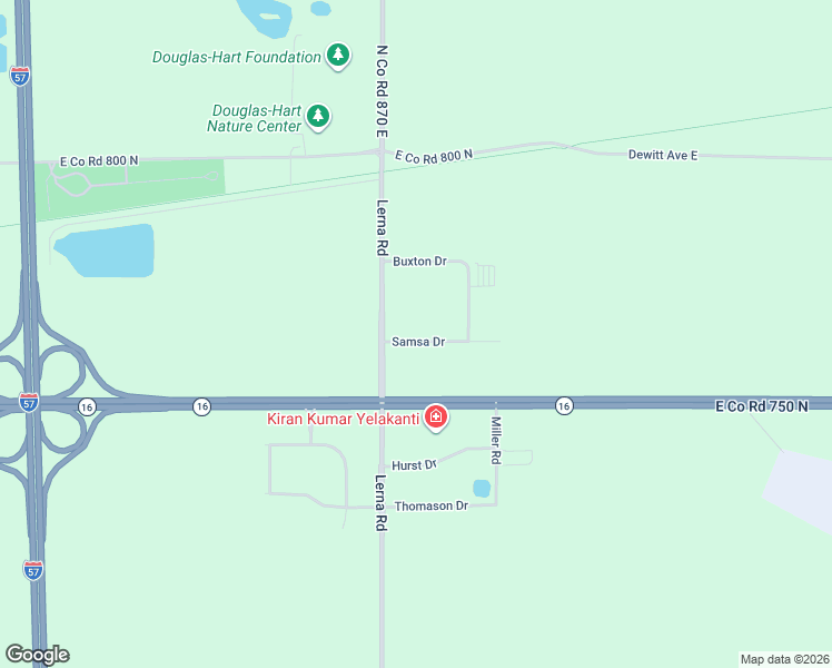 map of restaurants, bars, coffee shops, grocery stores, and more near Samsa Drive in Mattoon