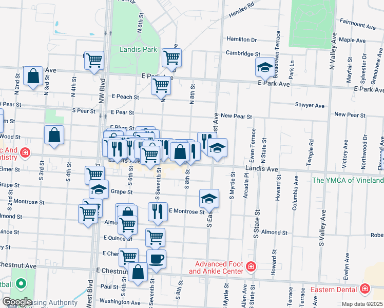 map of restaurants, bars, coffee shops, grocery stores, and more near 814 East Landis Avenue in Vineland