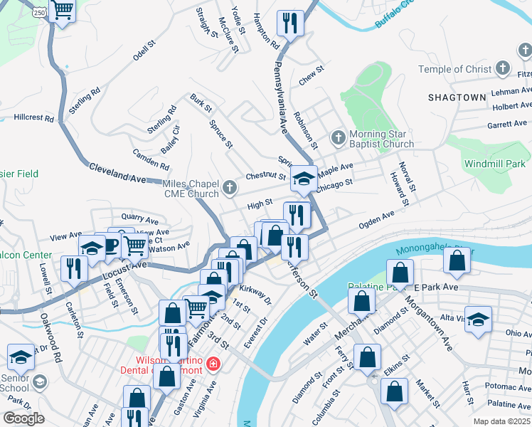 map of restaurants, bars, coffee shops, grocery stores, and more near 227 Jackson Street in Fairmont
