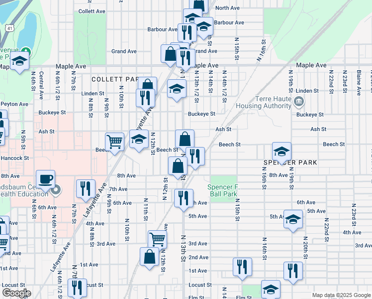 map of restaurants, bars, coffee shops, grocery stores, and more near 1346 Plum St in Terre Haute