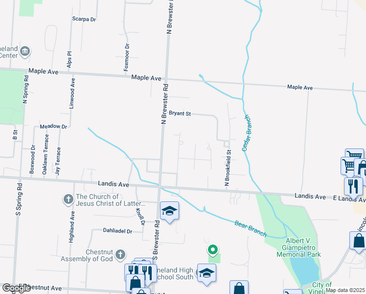 map of restaurants, bars, coffee shops, grocery stores, and more near 191 Redcrest Street in Vineland