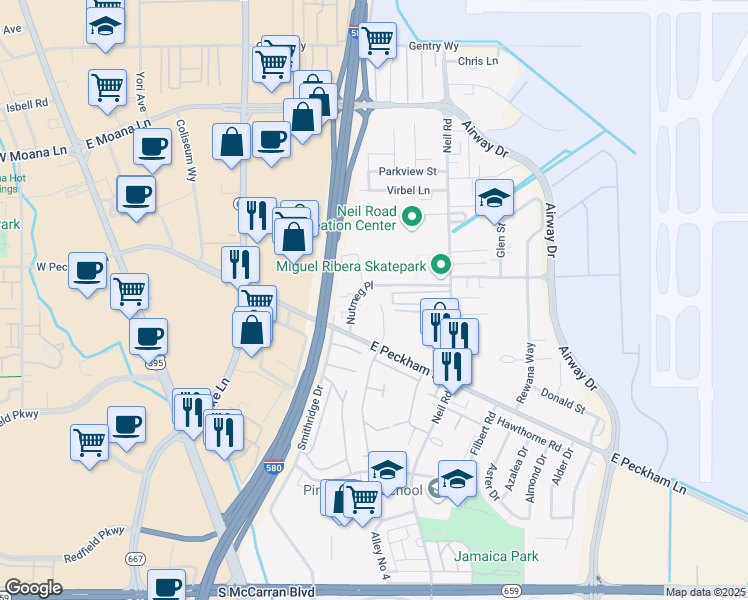 map of restaurants, bars, coffee shops, grocery stores, and more near 4031 Shinners Place in Reno