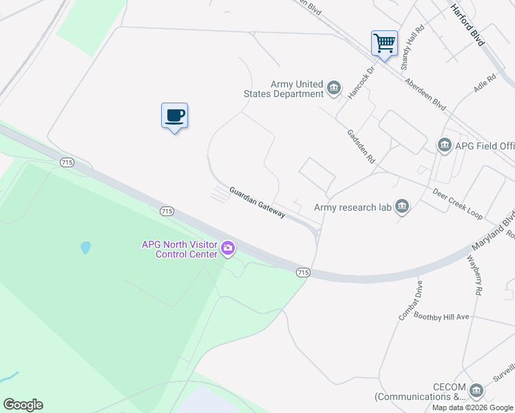 map of restaurants, bars, coffee shops, grocery stores, and more near Guardian Gateway in Aberdeen Proving Ground