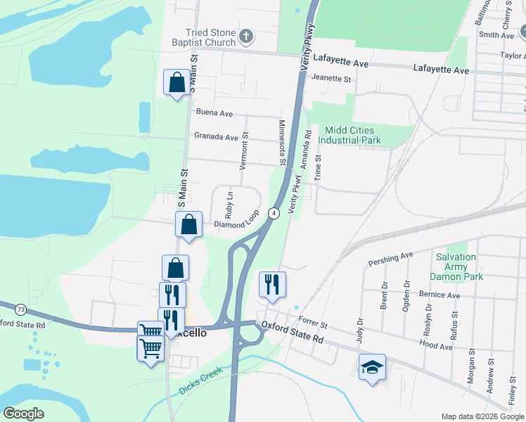 map of restaurants, bars, coffee shops, grocery stores, and more near 593 Diamond Loop in Middletown