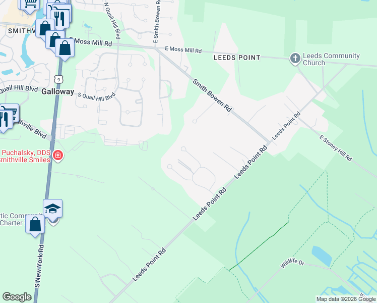 map of restaurants, bars, coffee shops, grocery stores, and more near 808 Berrywood Lane in Galloway