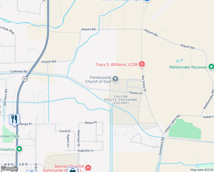 map of restaurants, bars, coffee shops, grocery stores, and more near 900 Paiute Drive in Fallon