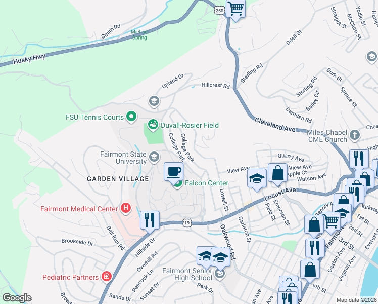 map of restaurants, bars, coffee shops, grocery stores, and more near 1220 College Park in Fairmont