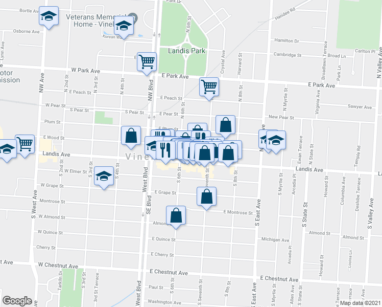 map of restaurants, bars, coffee shops, grocery stores, and more near 616 E Landis Ave in Vineland