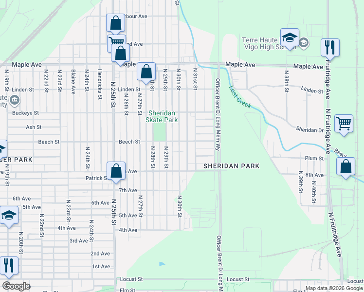 map of restaurants, bars, coffee shops, grocery stores, and more near 1600-1798 North 30th Street in Terre Haute