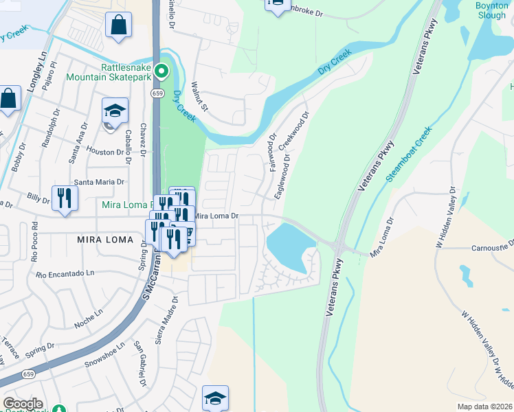 map of restaurants, bars, coffee shops, grocery stores, and more near 4600 Mira Loma Drive in Reno