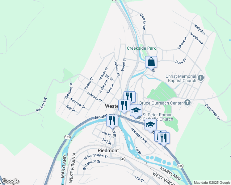 map of restaurants, bars, coffee shops, grocery stores, and more near 402 Hammond Street in Westernport