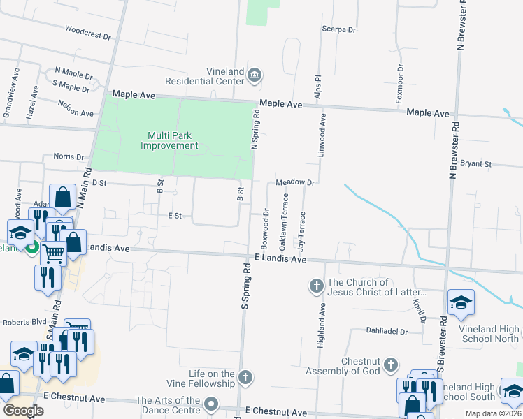 map of restaurants, bars, coffee shops, grocery stores, and more near 105 North Spring Road in Vineland